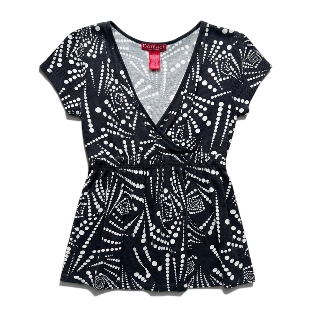 Contact New York Black White Dot Print V-Neck Empire Waist Top Small